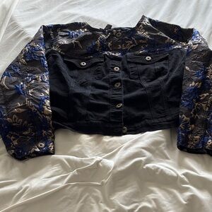 Ashley Stewart Black Denim Cropped Jacket with Blue Floral Jacquard Sleeves